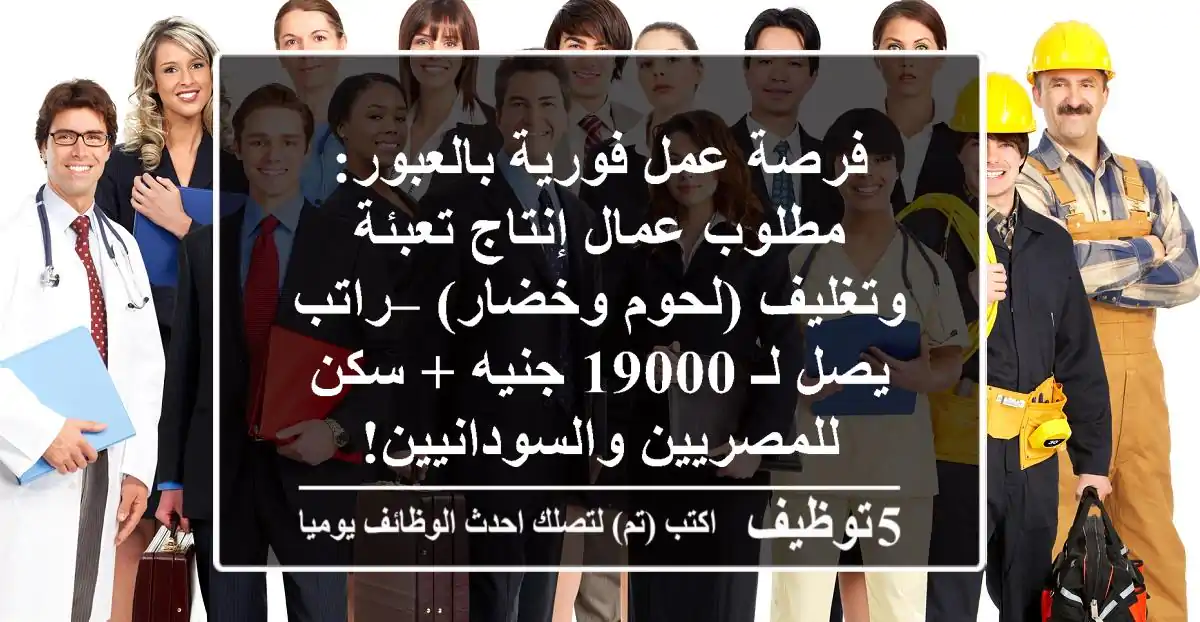 فرصة عمل فورية بالعبور: مطلوب عمال إنتاج تعبئة وتغليف (لحوم وخضار) – راتب يصل لـ 19000 جنيه + سكن للمصريين والسودانيين!