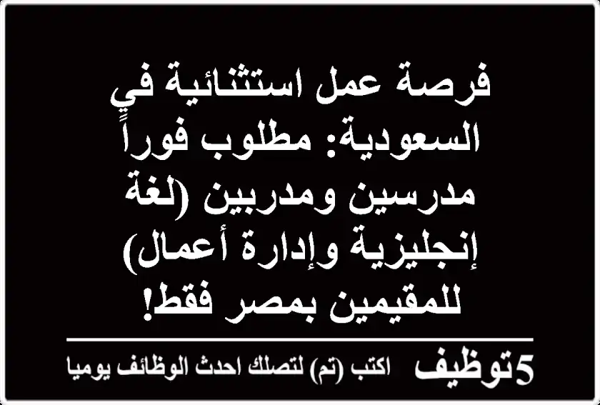 فرصة عمل استثنائية في السعودية: مطلوب فوراً مدرسين ومدربين (لغة إنجليزية وإدارة أعمال) - للمقيمين بمصر فقط!